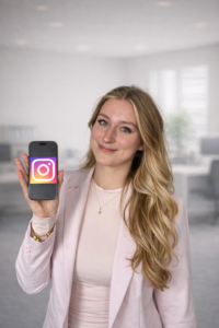 Frau hält ein Smartphone mit Instagram-Logo in einem hellen Büro